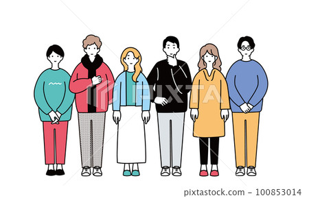 A simple illustration of young people standing in a row 100853014