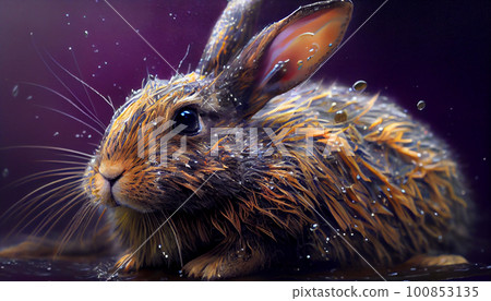 Wet cute rabbit sitting on grass after a rain shower. Wet cute rabbit sitting on grass after a rain shower. 100853135