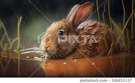 Wet cute rabbit sitting on grass after a rain shower. Wet cute rabbit sitting on grass after a rain shower. 100853137