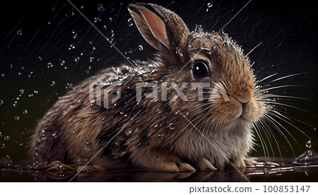 Wet cute rabbit sitting on grass after a rain shower. Wet cute rabbit sitting on grass after a rain shower. 100853147
