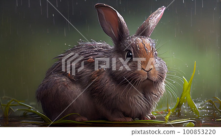 Wet cute rabbit sitting on grass after a rain shower. Wet cute rabbit sitting on grass after a rain shower. 100853220