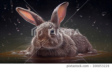 Wet cute rabbit sitting on grass after a rain shower. 100853228