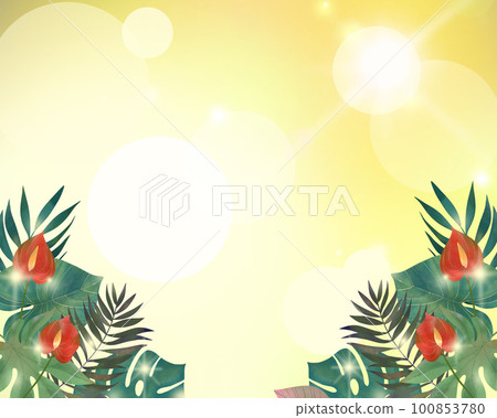 Beautiful fantastic early summer frame-orange light and summer leaves and flowers-background bokeh illustration material 100853780