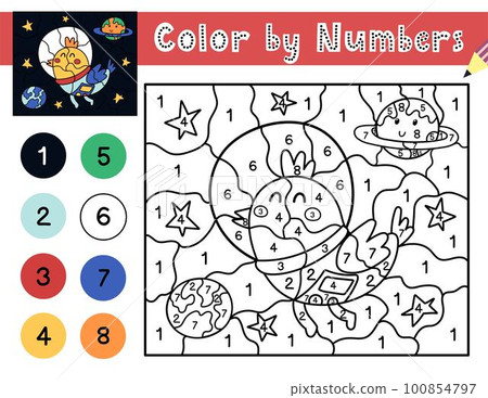Color the picture with a bird astronaut by numbers. Space activity page for kids 100854797