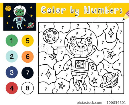 Color the picture with frog astronaut by numbers. Space activity page for kids 100854801