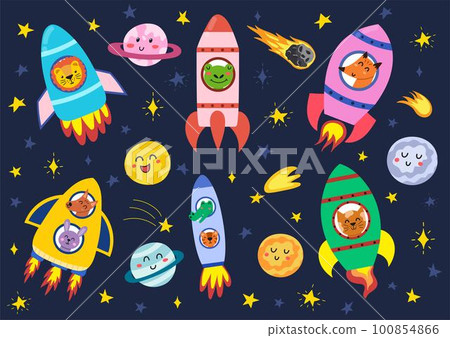 Space animals in their rockets set. Funny astronauts in spaceships 100854866