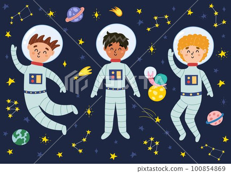 Space kids in suits and helmets. Cute children astronauts and planets collection Space kids in suits and helmets. Cute children astronauts and planets collection 100854869