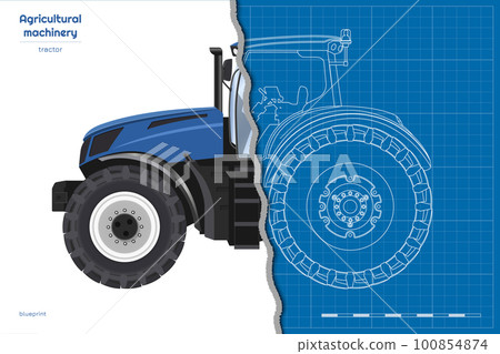 Blue tractor drawing. Isolated agricultural machine. Top, side and front views of farmer vehicle. 3d industrial outline blueprint Blue tractor drawing. Isolated agricultural machine. Top, side and front views of farmer vehicle. 3d industrial outline blueprint 100854874