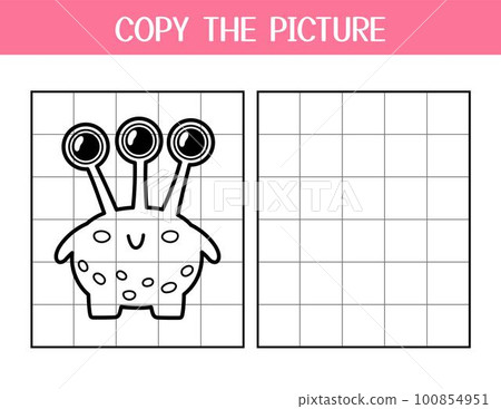 Copy the picture activity page for kids. Draw and color a cute alien using the example Copy the picture activity page for kids. Draw and color a cute alien using the example 100854951