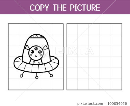 Copy the picture activity page for kids. Draw and color a cute alien in flying saucer 100854956