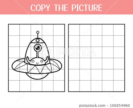 Copy the picture activity page for kids. Draw and color a cute alien in flying saucer Copy the picture activity page for kids. Draw and color a cute alien in flying saucer 100854960