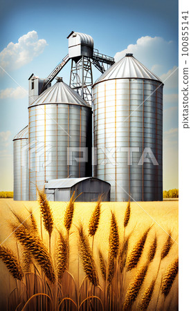 Silos in a barley field. Storage of agricultural production. Silos in a barley field. Storage of agricultural production. 100855141