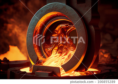 Liquid iron molten metal pouring in container, industrial metallurgical factory, foundry cast, heavy industry background 100855289