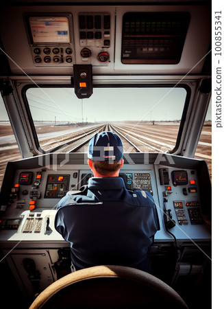Train driver in the cab of a moving train 100855341