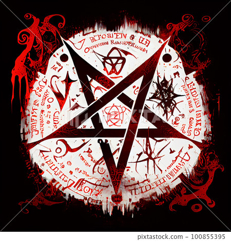 Black mass montage of occult Satanic pentagram materialising against a grunge texture background of alchemy symbols. Black mass montage of occult Satanic pentagram materialising against a grunge texture background of alchemy symbols. 100855395