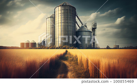 Silos in a barley field. Storage of agricultural production. 100855469