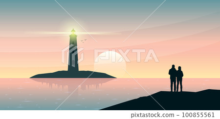 lovely couple on lighthouse seascape with mountain view at sunset 100855561