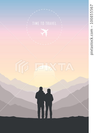 time to travel couple on mountain landscape at sunset time to travel couple on mountain landscape at sunset 100855567