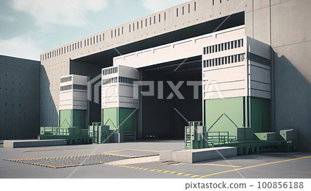Logistics park with warehouse, loading hub for many semi trucks with cargo trailers. Ramps for load unload goods at sunset. 100856188