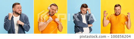 Collage made of closeup portraits of young man expressing different emotions over blue and yellow backgrounds 100856204