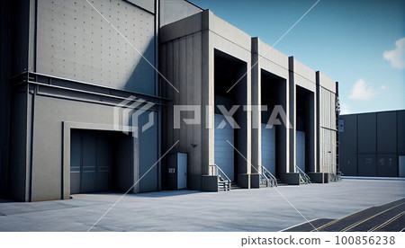 Logistics park with warehouse, loading hub for many semi trucks with cargo trailers. Ramps for load unload goods at sunset. Logistics park with warehouse, loading hub for many semi trucks with cargo trailers. Ramps for load unload goods at sunset. 100856238