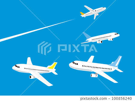 Cutout-style illustration of an airplane flying in the blue sky and a flying cloud 100856240