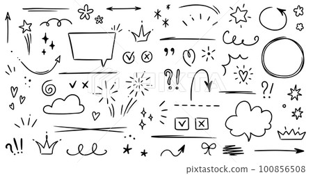 Sketch underline, emphasis, arrow shape set. Hand drawn brush stroke, highlight, speech bubble, underline, sparkle element. Vector 100856508