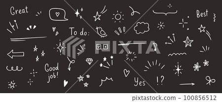 Doodle cute glitter pen line elements. Doodle heart, arrow, star, sparkle decoration symbol set icon. Simple sketch line style emphasis, attention, pattern elements. Vector 100856512