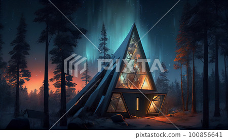Cute triangle houses on a background aurora borealis. 100856641