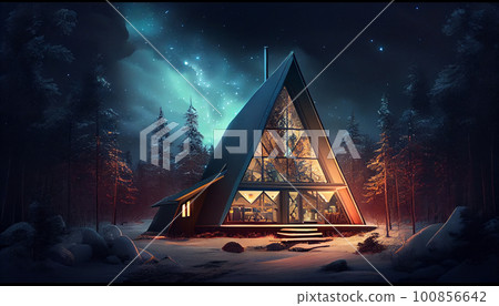 Cute triangle houses on a background aurora borealis. Cute triangle houses on a background aurora borealis. 100856642