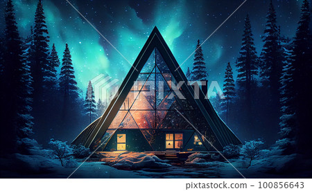 Cute triangle houses on a background aurora borealis. 100856643