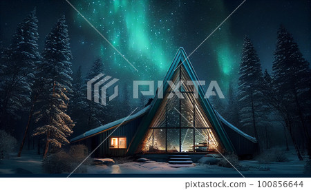 Cute triangle houses on a background aurora borealis. Cute triangle houses on a background aurora borealis. 100856644