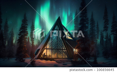 Cute triangle houses on a background aurora borealis. Cute triangle houses on a background aurora borealis. 100856645