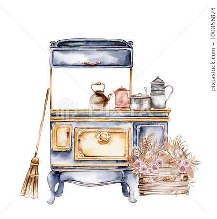 Hand drawn watercolor vintage style kitchen. Isolated furniture for interior.Vintage interior background with mid century modern furniture Interior Decor Scene.Farmhouse kitchen,cottage illustration. Hand drawn watercolor vintage style kitchen. Isolated furniture for interior.Vintage interior background with mid century modern furniture Interior Decor Scene.Farmhouse kitchen,cottage illustration. 100856823