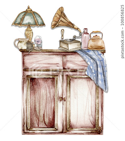 Hand drawn watercolor vintage style kitchen. Isolated furniture for interior.Vintage interior background with mid century modern furniture Interior Decor Scene.Farmhouse kitchen,cottage illustration. Hand drawn watercolor vintage style kitchen. Isolated furniture for interior.Vintage interior background with mid century modern furniture Interior Decor Scene.Farmhouse kitchen,cottage illustration. 100856825