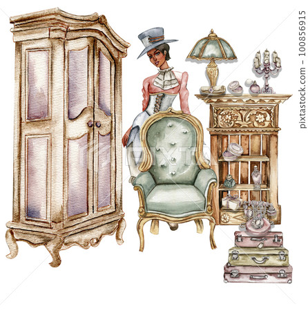 Hand drawn watercolor vintage style inside decor. Isolated furniture for interior. Vintage interior background with mid century modern furniture Interior decor scene. Farmhouse ,cottage illustration. Hand drawn watercolor vintage style inside decor. Isolated furniture for interior. Vintage interior background with mid century modern furniture Interior decor scene. Farmhouse ,cottage illustration. 100856915