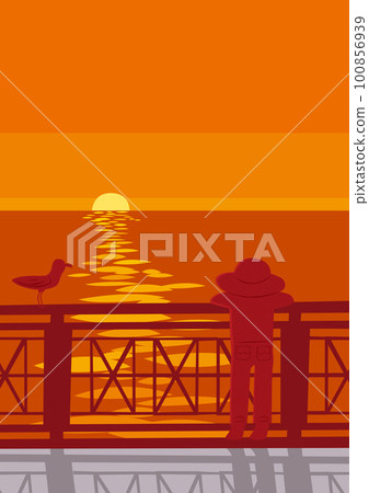 Silhouette of a boy and a seagull watching the sunset from a bridge dyed in the sunset 100856939