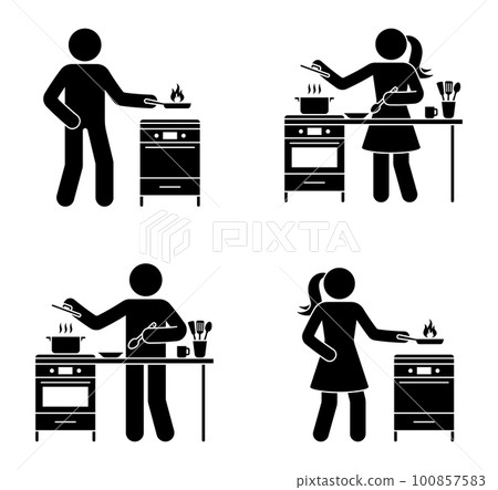 Stick figure man and woman making soup, frying at home kitchen vector set. Stickman people preparing meal icon pictogram Stick figure man and woman making soup, frying at home kitchen vector set. Stickman people preparing meal icon pictogram 100857583