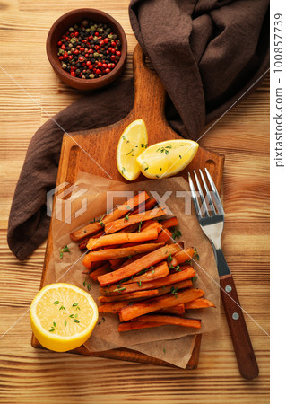 Concept of tasty food, fried sweet potato, top view 100857739