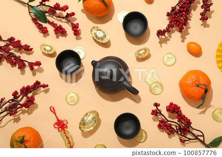 Concept of tea, asian tea, top view Concept of tea, asian tea, top view 100857776
