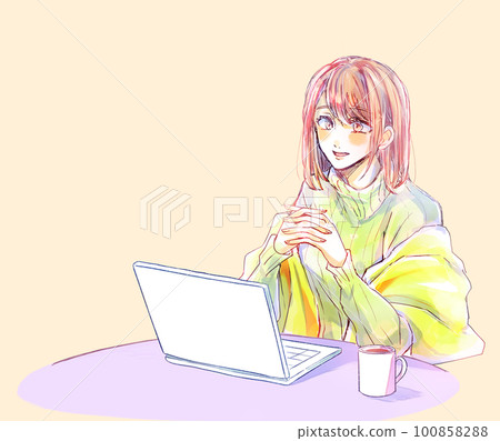 微笑著與筆記本電腦交談的女人 100858288