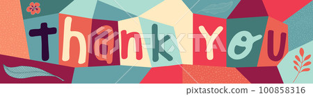 Decorative banner with colorful letters forming the text -thank you- Concept Gratitude and appreciation. Be grateful appreciate and thank. Colorful background with floral ornament 100858316