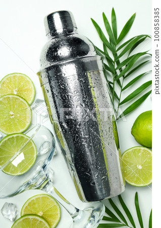 Concept of preparing cocktail, shaker, top view Concept of preparing cocktail, shaker, top view 100858385