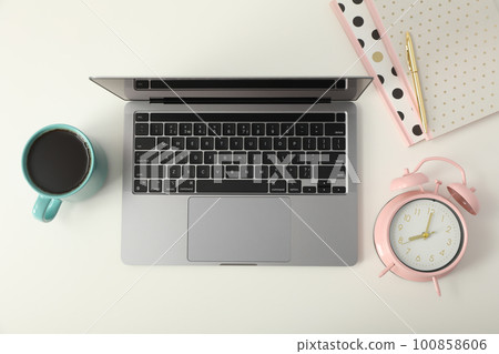 Concept of workspace with laptop, top view 100858606