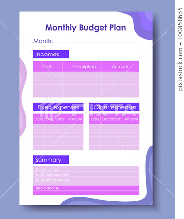 Vector planner pages templates. Budget planner template. Daily, weekly, monthly, project, budjet and meal planners. Vector illustration Vector planner pages templates. Budget planner template. Daily, weekly, monthly, project, budjet and meal planners. Vector illustration 100858635