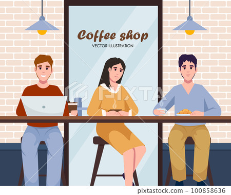 People coffeehouse. Flat young people communicating and working in coffeehouse. People relax at city cafe. Characters eat dessert and drink coffee or tea at coffeeshop. People coffeehouse. Flat young people communicating and working in coffeehouse. People relax at city cafe. Characters eat dessert and drink coffee or tea at coffeeshop. 100858636