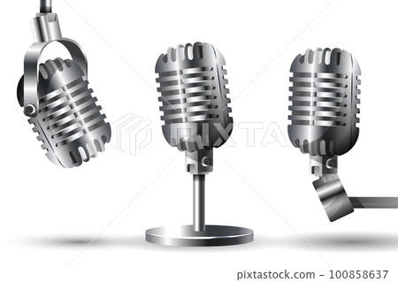 Vector banner with studio microphone in realistic style. Karaoke banner with grunge collage element. Vector banner with studio microphone in realistic style. Karaoke banner with grunge collage element. 100858637