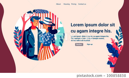 people wearing cloth similar USA flag man and woman in american clothes standing together independence day celebration 100858838
