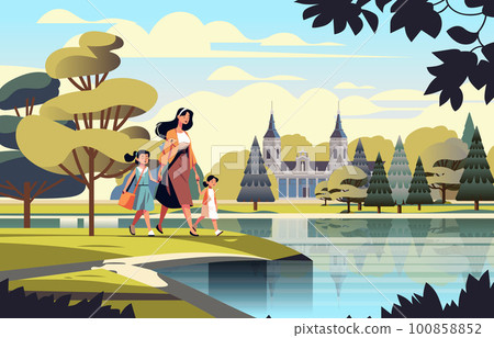mother and little children walking in urban park together woman spending time with kids outdoor motherhood happy family 100858852