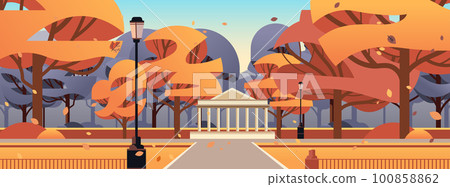 orange trees in public summer city park landscape background horizontal 100858862